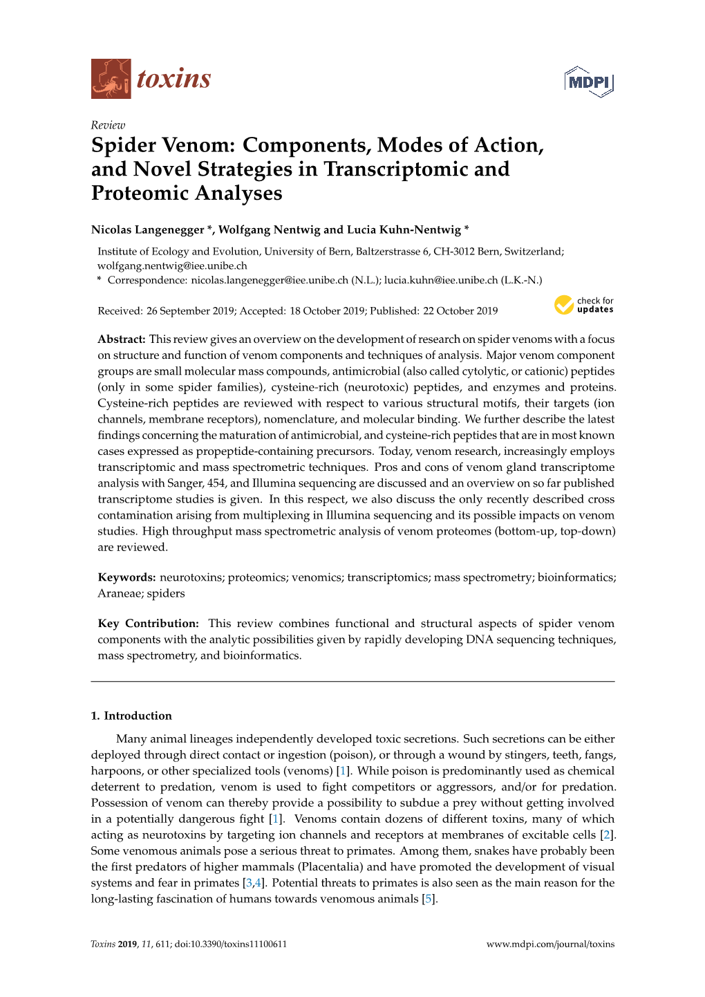 Spider Venom: Components, Modes of Action, and Novel Strategies in Transcriptomic and Proteomic Analyses