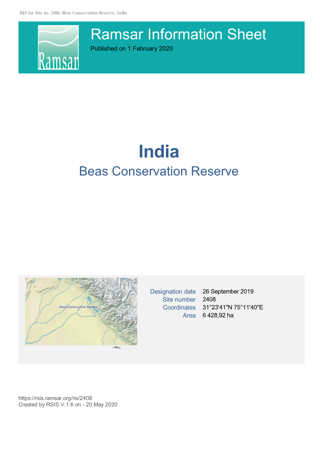 Ramsar Information Sheet Published on 1 February 2020