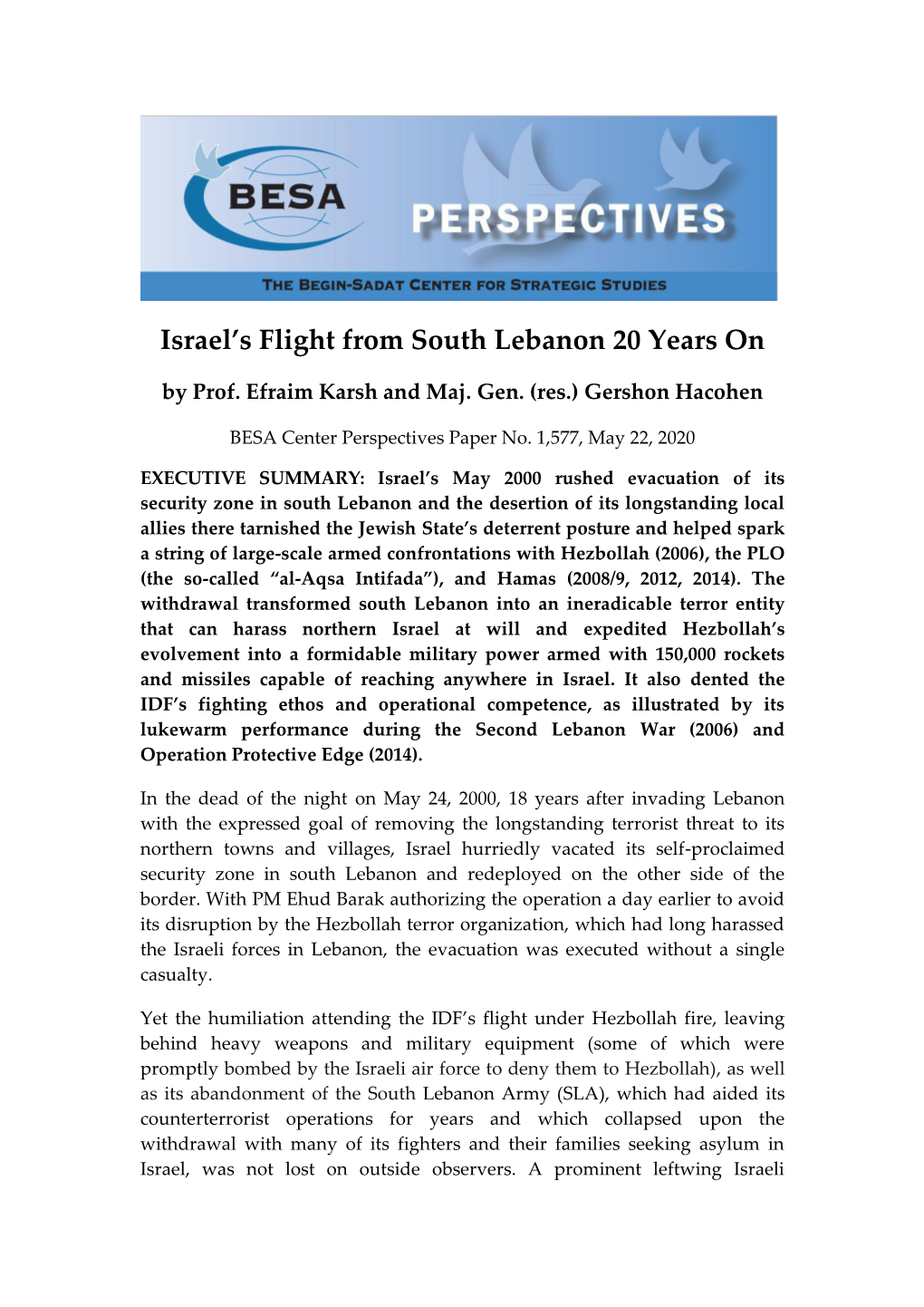 Israel's Flight from South Lebanon 20 Years On