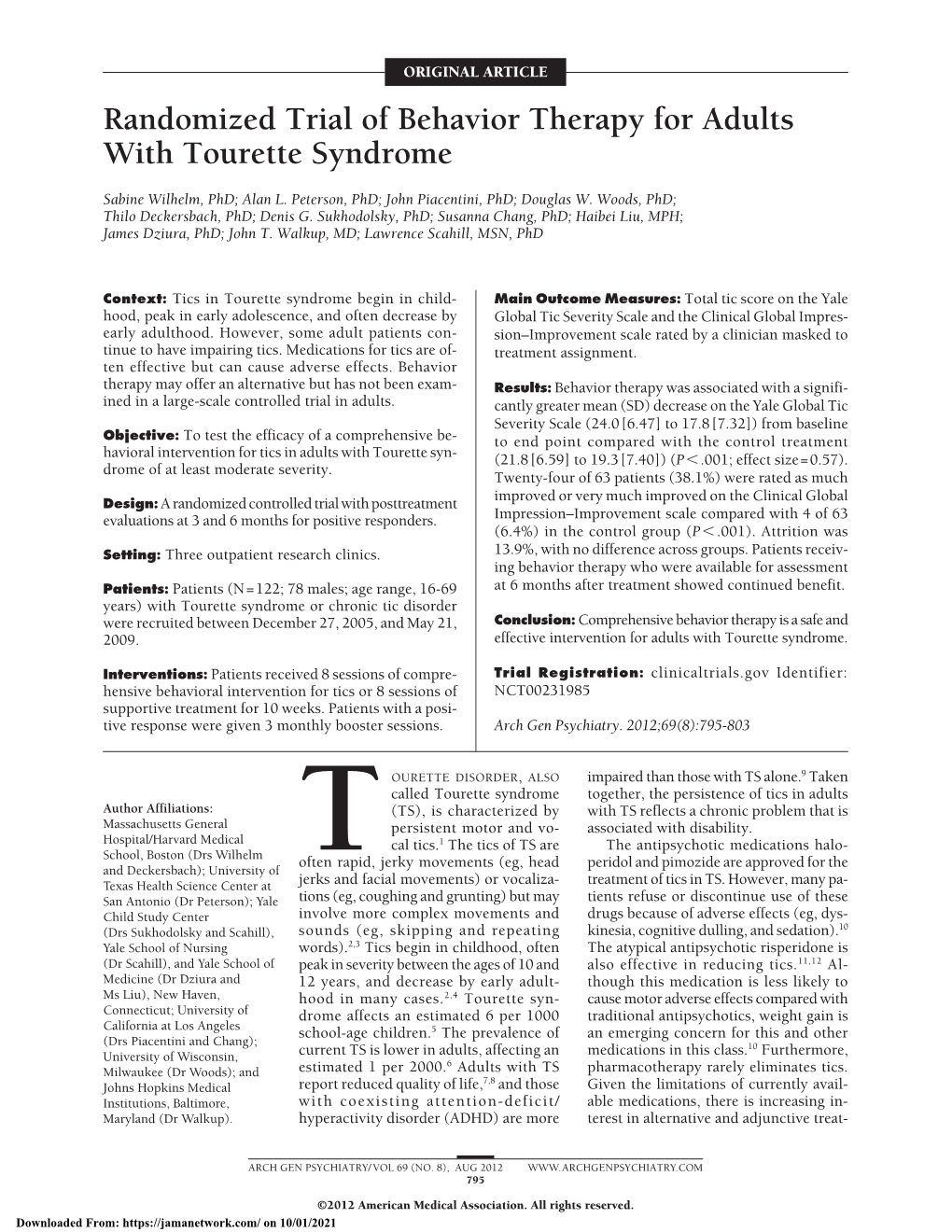 Randomized Trial of Behavior Therapy for Adults with Tourette Syndrome