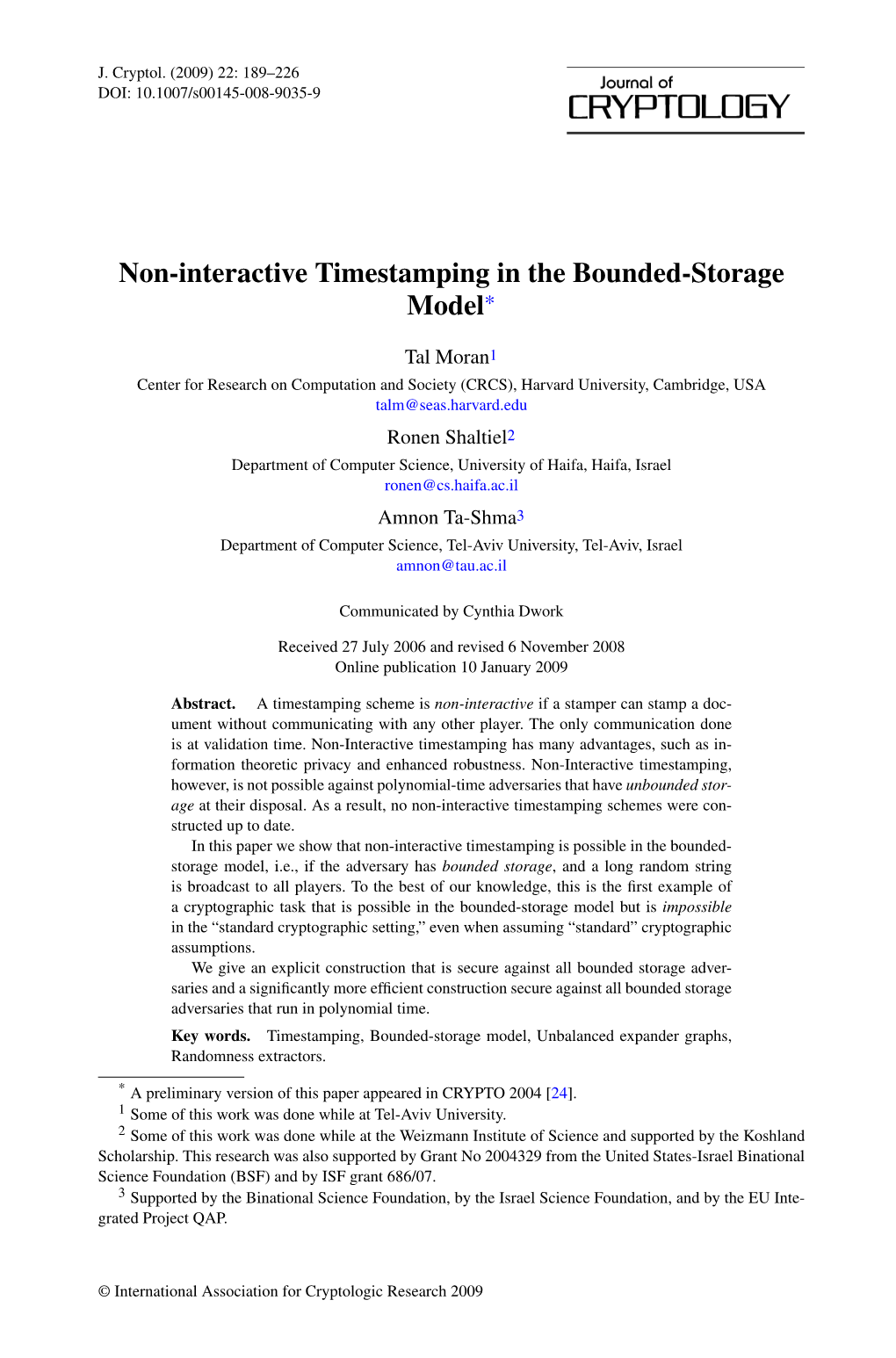 Non-Interactive Timestamping in the Bounded-Storage Model*