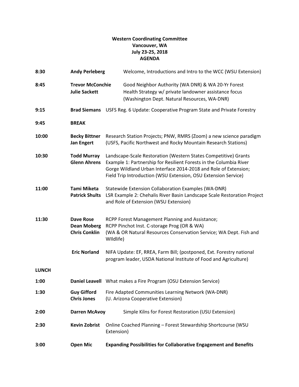 Western Coordinating Committee Vancouver, WA July 23-25, 2018 AGENDA