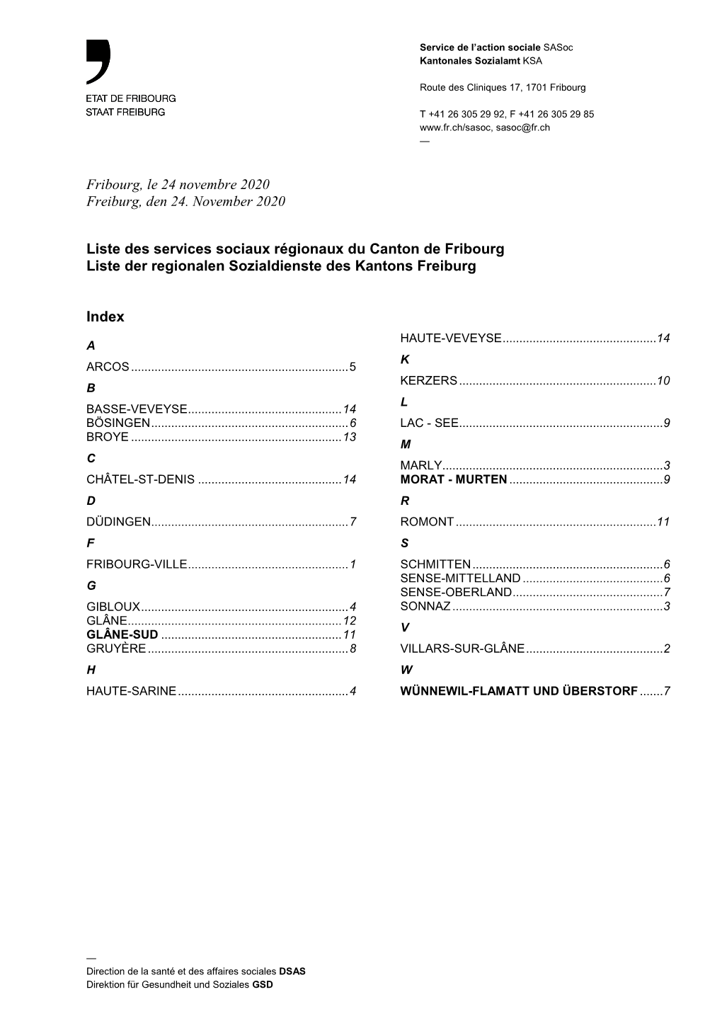 Fribourg, Le 24 Novembre 2020 Freiburg, Den 24. November 2020 Liste Des Services Sociaux Régionaux Du Canton De Fribourg Liste