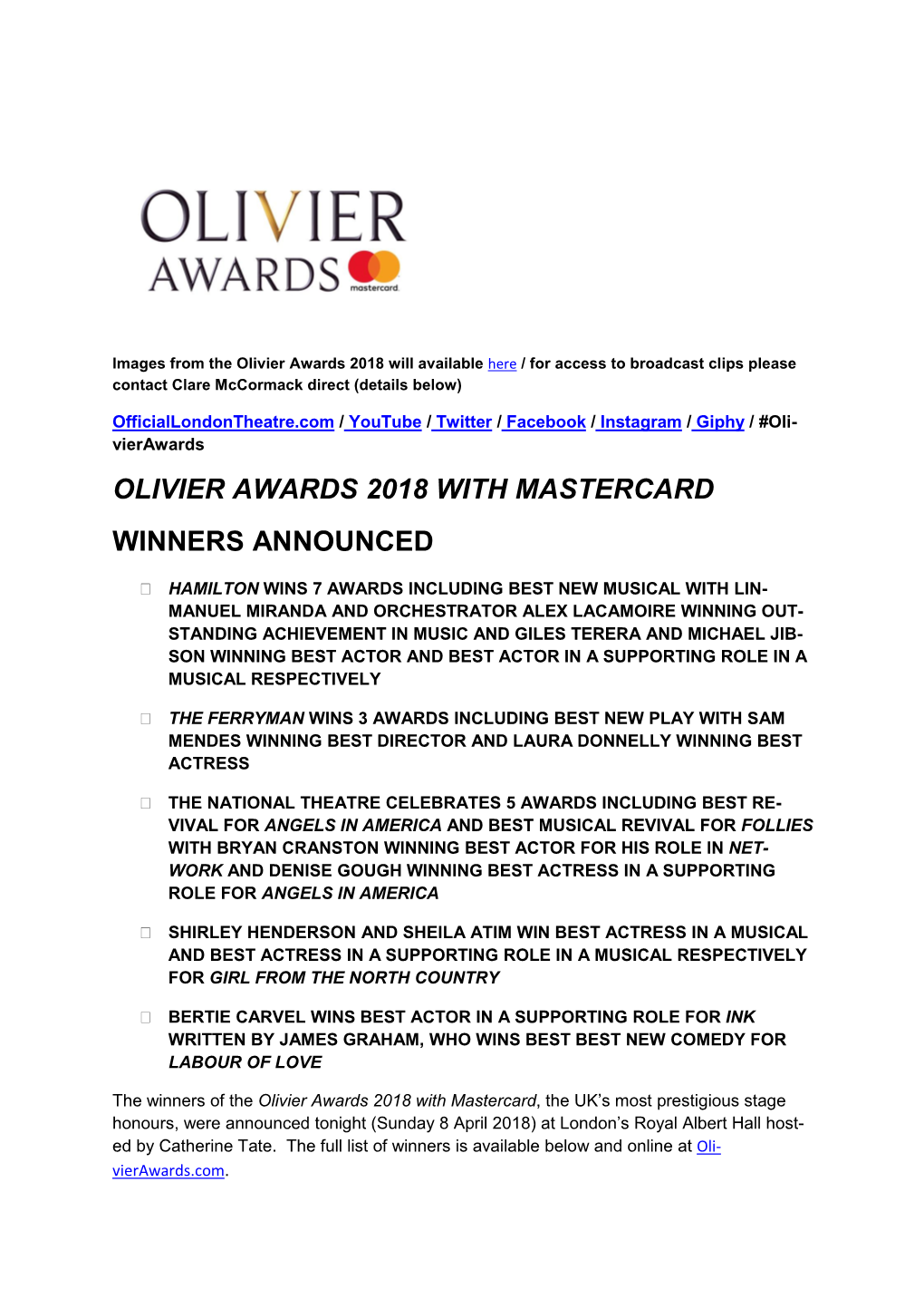 Olivier Awards 2018 with Mastercard Winners Announced