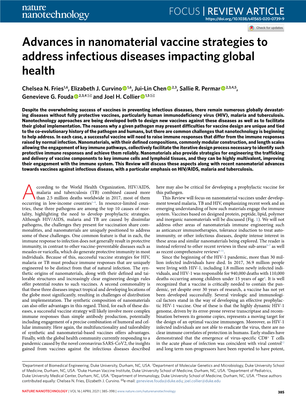 Advances in Nanomaterial Vaccine Strategies to Address Infectious Diseases Impacting Global Health