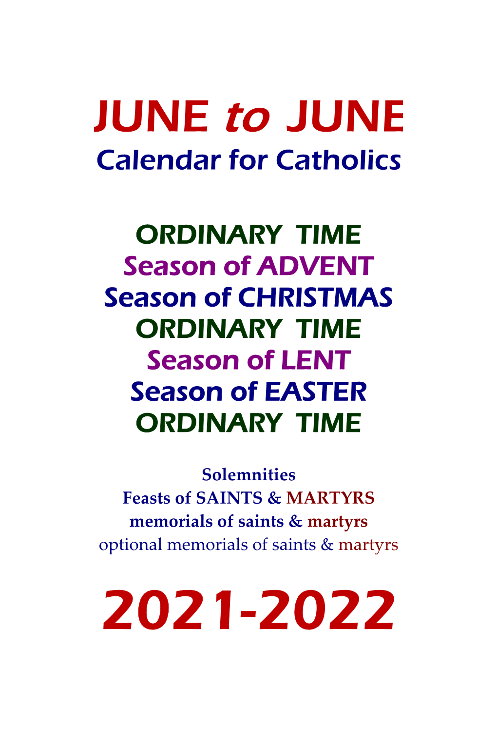 JUNE to JUNE Calendar for Catholics