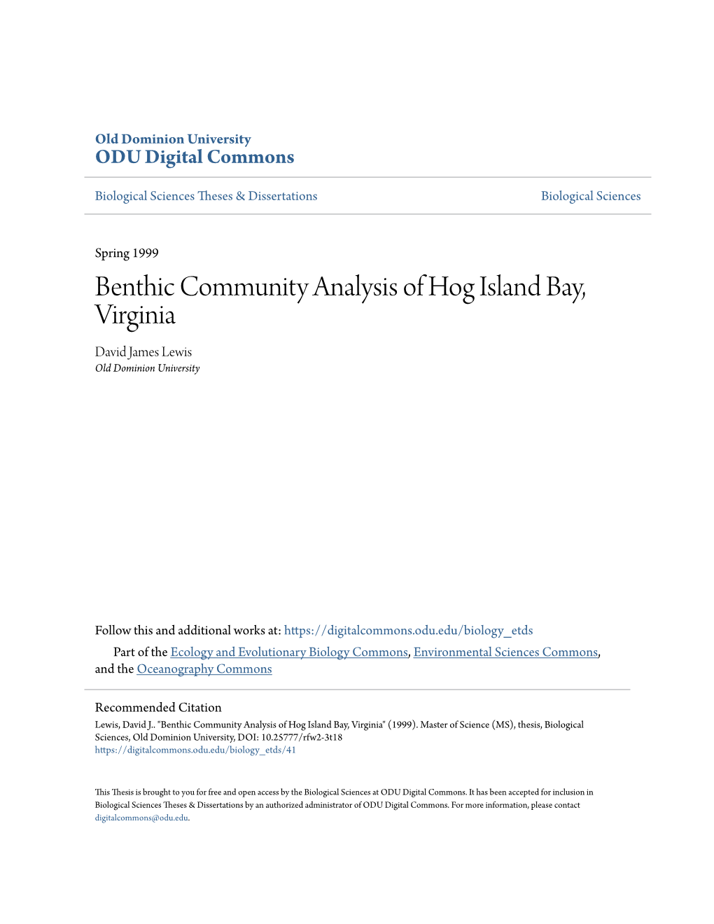 Benthic Community Analysis of Hog Island Bay, Virginia David James Lewis Old Dominion University