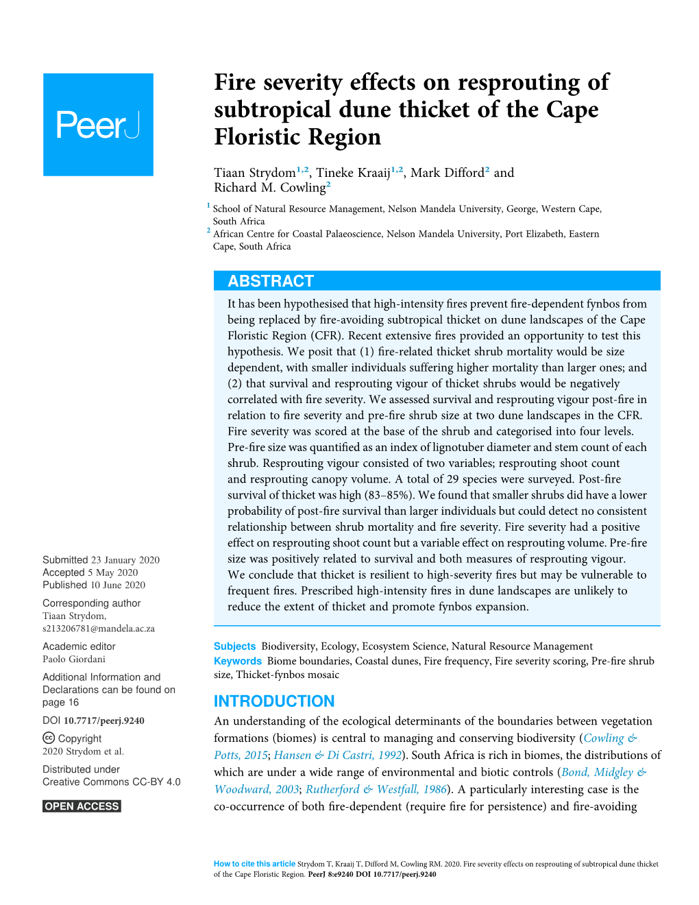 Fire Severity Effects on Resprouting of Subtropical Dune Thicket of the Cape Floristic Region