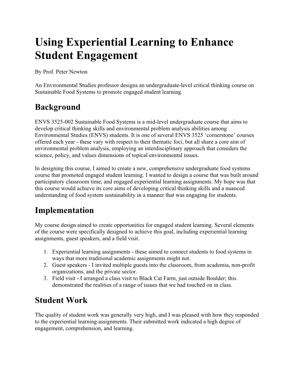 Using Experiential Learning to Enhance Student Engagement