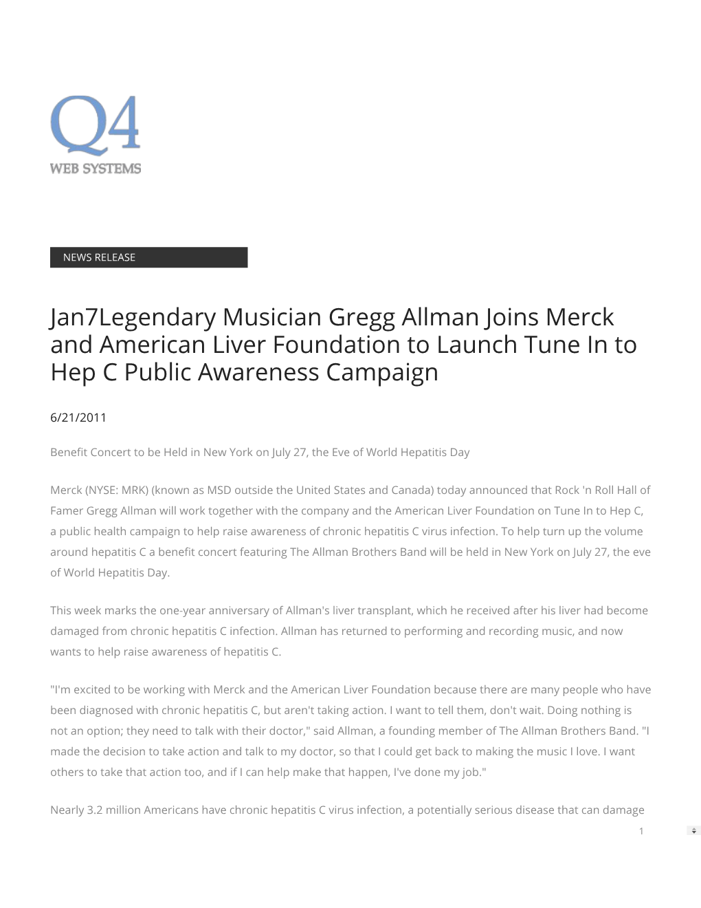 Jan7legendary Musician Gregg Allman Joins Merck and American Liver Foundation to Launch Tune in to Hep C Public Awareness Campaign