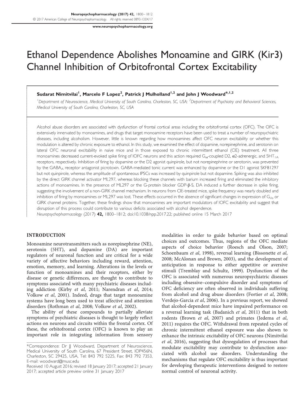 (Kir3) Channel Inhibition of Orbitofrontal Cortex Excitability