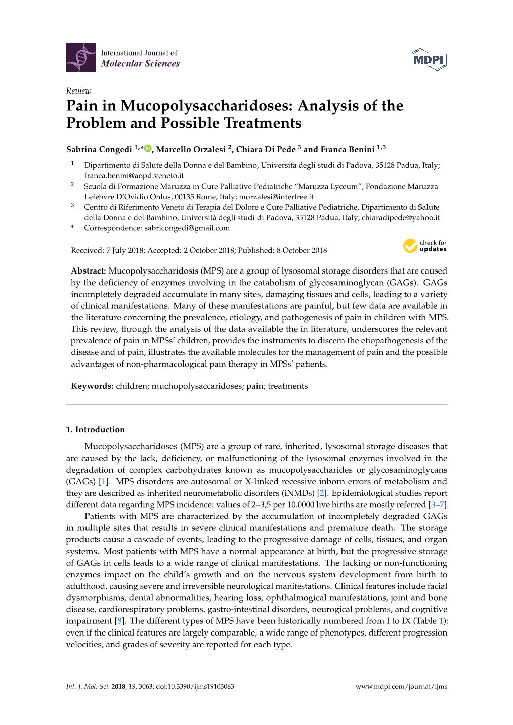 Pain in Mucopolysaccharidoses: Analysis of the Problem and Possible Treatments