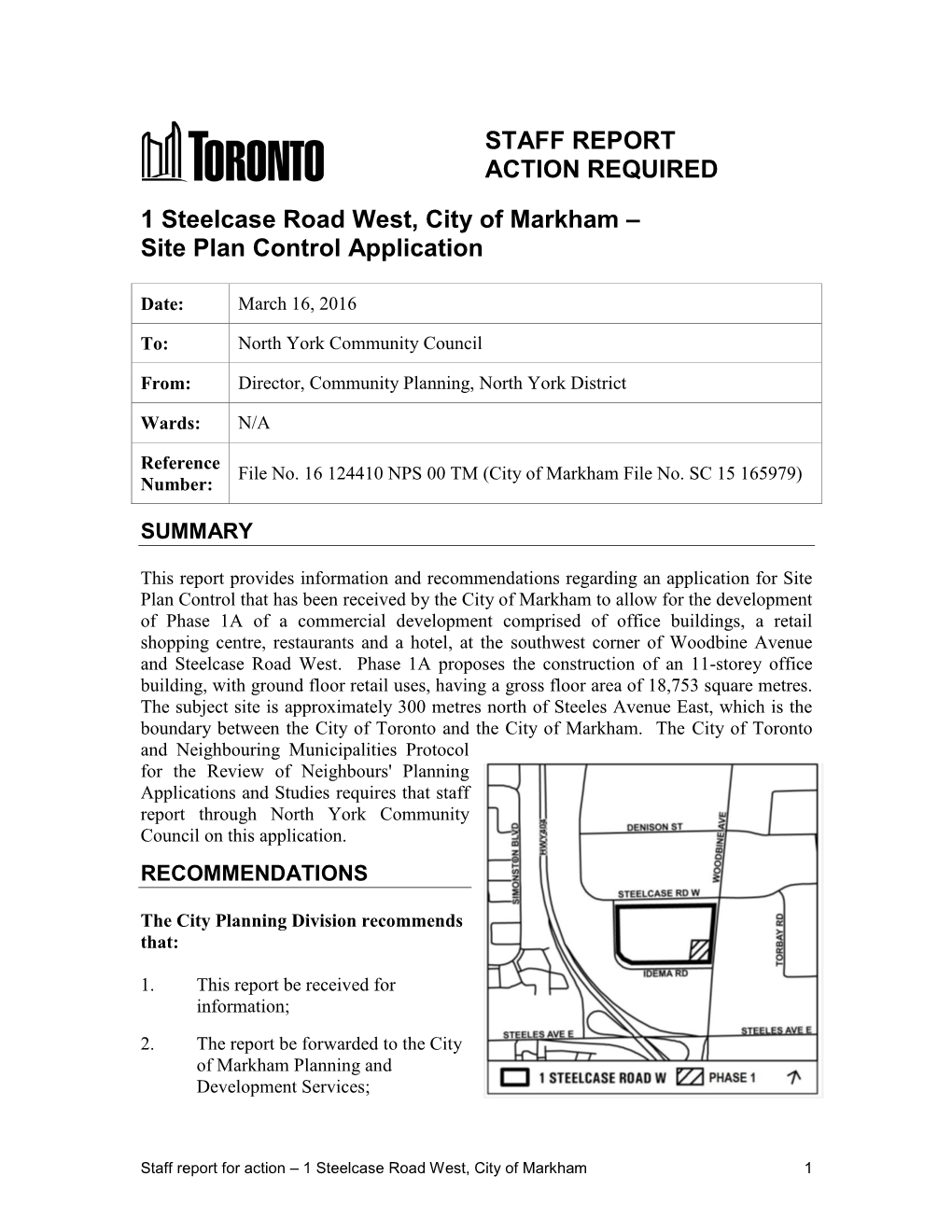 1 Steelcase Road West, City of Markham – Site Plan Control Application