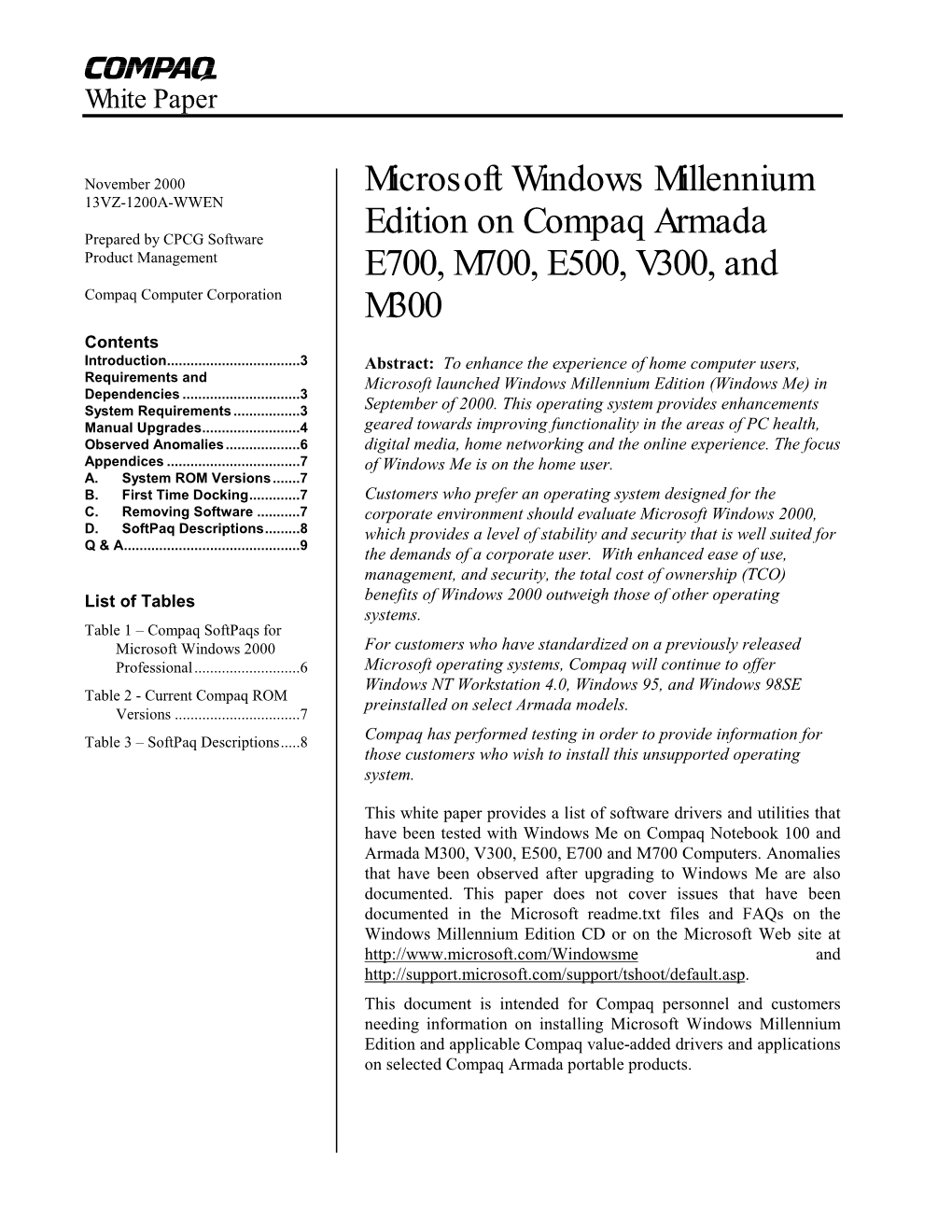 Microsoft Windows Millennium Edition on Compaq Armada E700, M700, E500, V300, and M300 2
