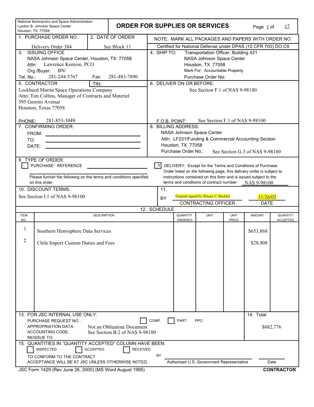 Solicitation/Contract Form, JSC Form 1429