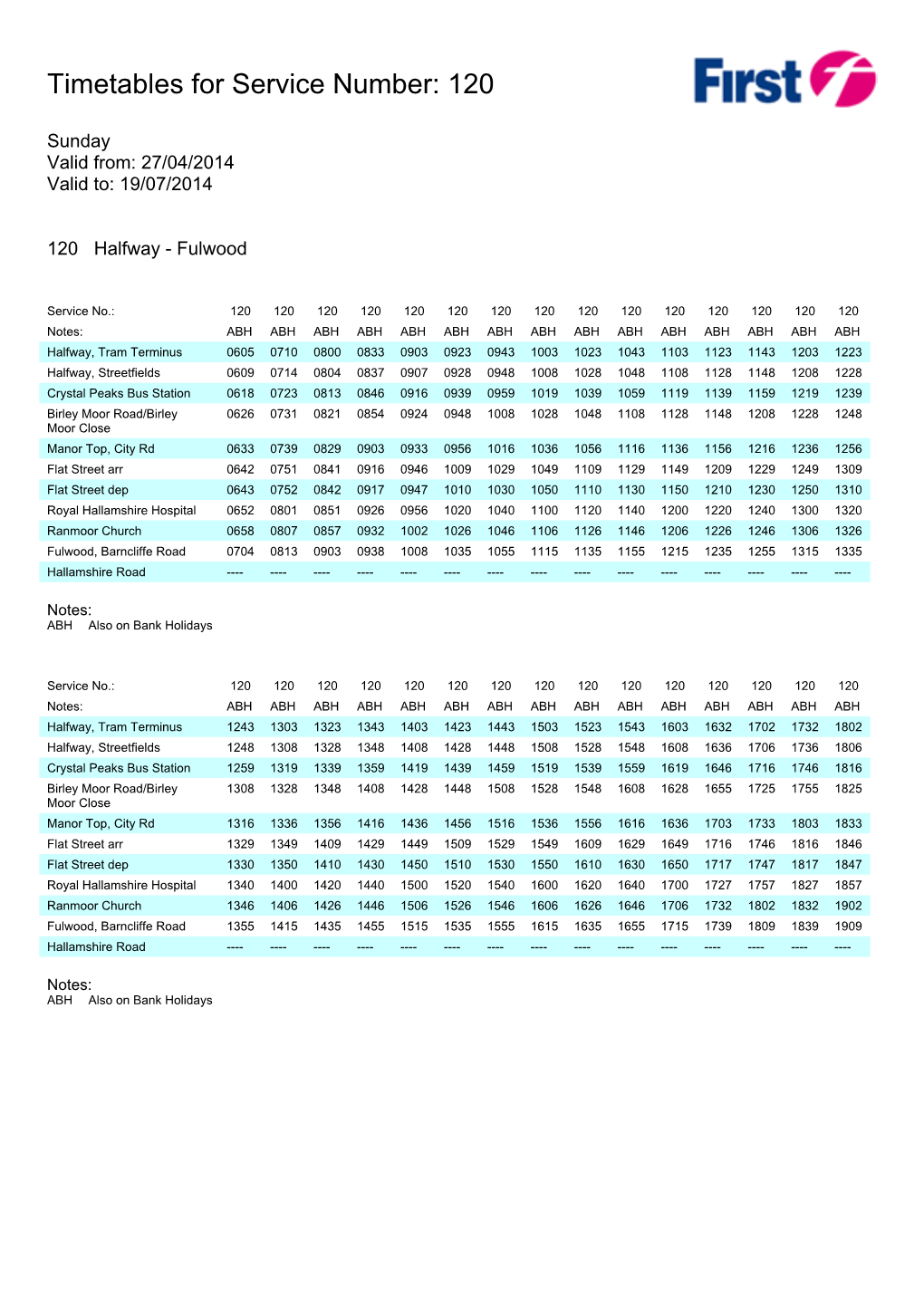 Timetables for Service Number: 120