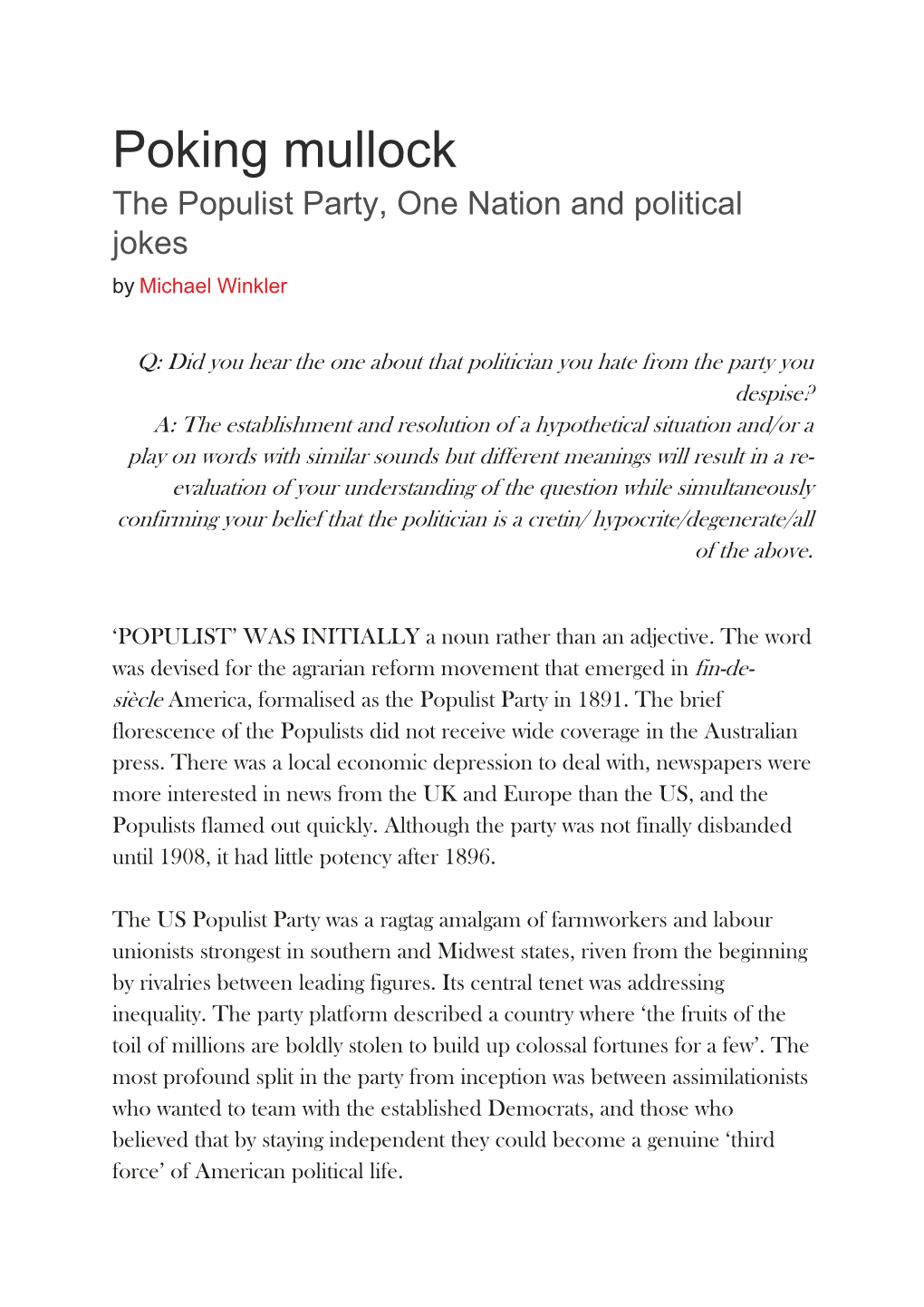 Poking Mullock the Populist Party, One Nation and Political Jokes by Michael Winkler