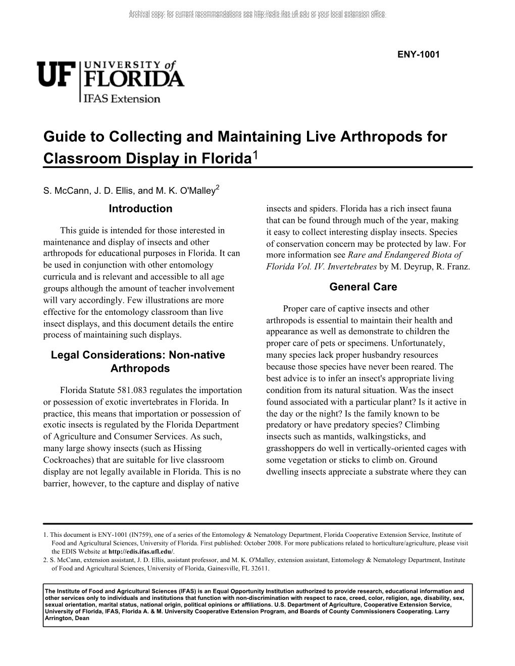 Guide to Collecting and Maintaining Live Arthropods for Classroom Display in Florida1