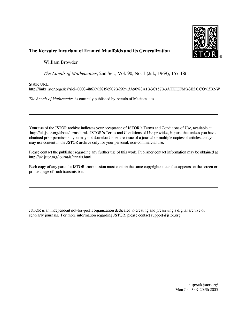 The Kervaire Invariant of Framed Manifolds and Its Generalization STOR ® William Browder