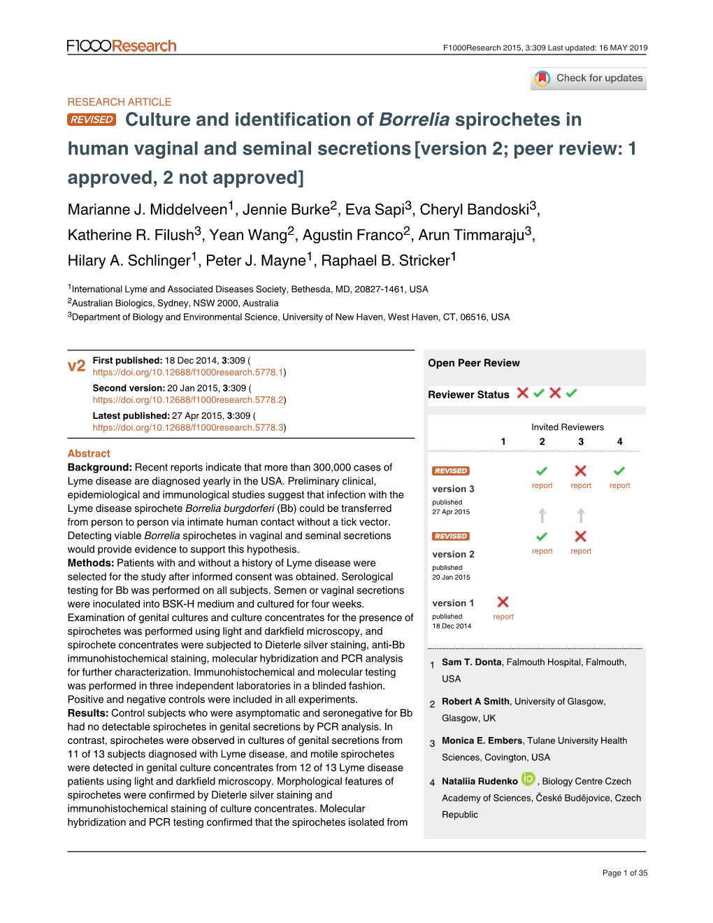 Culture and Identification of Spirochetes in Borrelia Human Vaginal and Seminal Secretions[Version 2; Peer Review: 1 Approved, 2