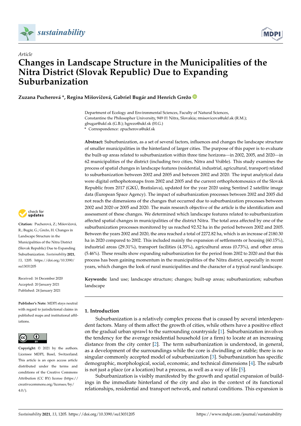 Changes in Landscape Structure in the Municipalities of the Nitra District (Slovak Republic) Due to Expanding Suburbanization