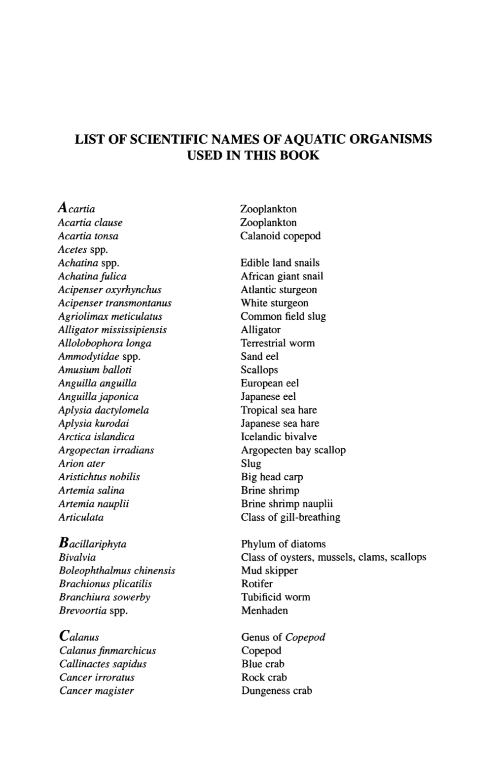 List of Scientific Names of Aquatic Organisms Used in This Book