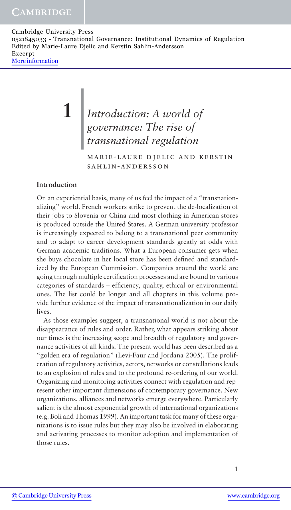 A World of Governance: the Rise of Transnational Regulation Marie-Laure Djelic and Kerstin Sahlin-Andersson