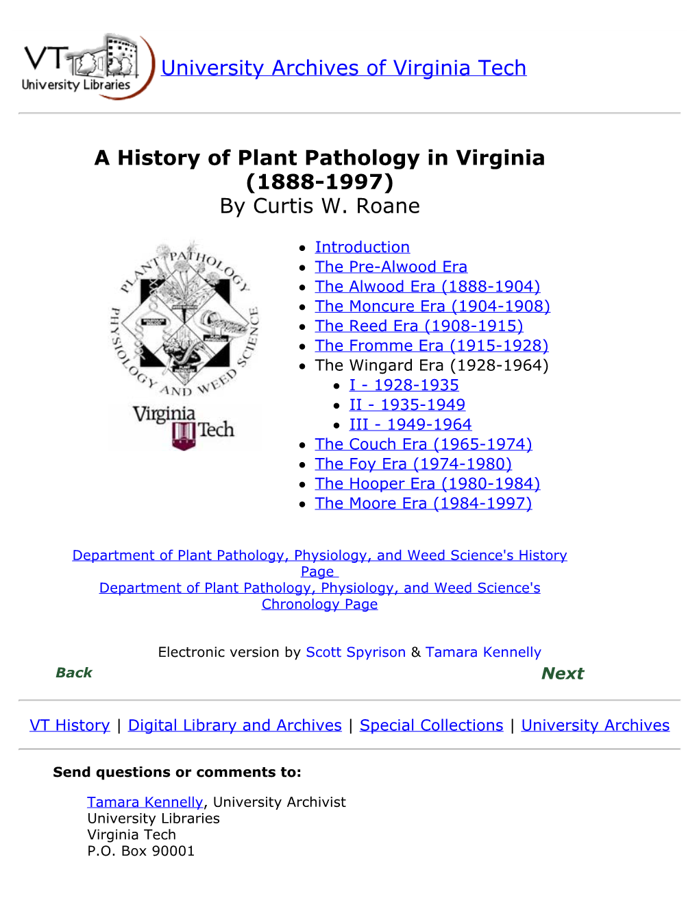 University Archives of Virginia Tech a History of Plant