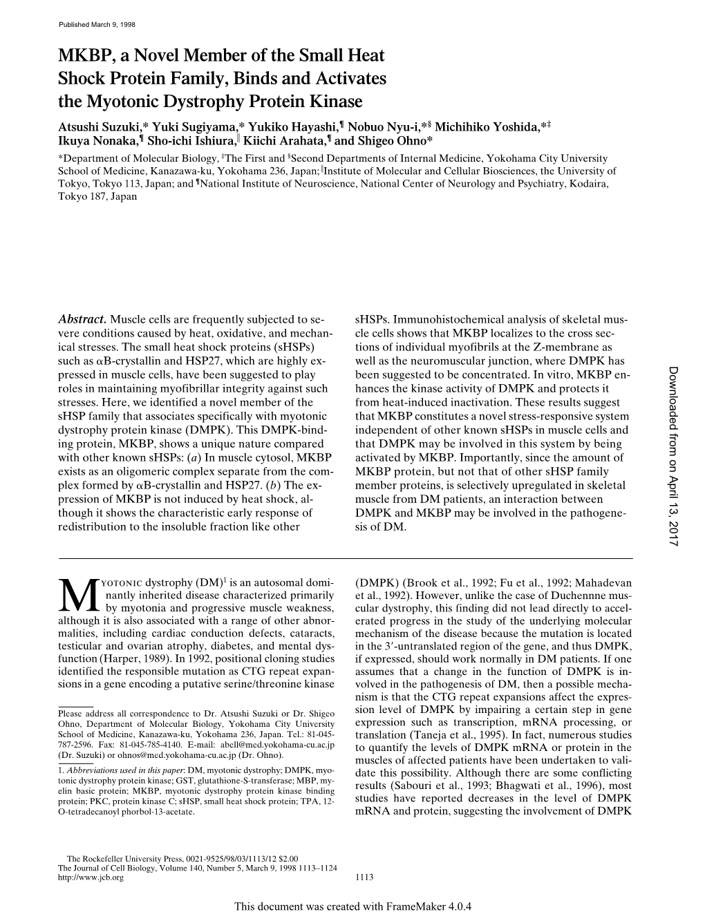 MKBP, a Novel Member of the Small Heat Shock Protein Family, Binds