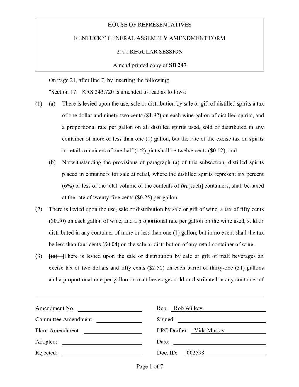 Kentucky General Assembly Amendment Form s13