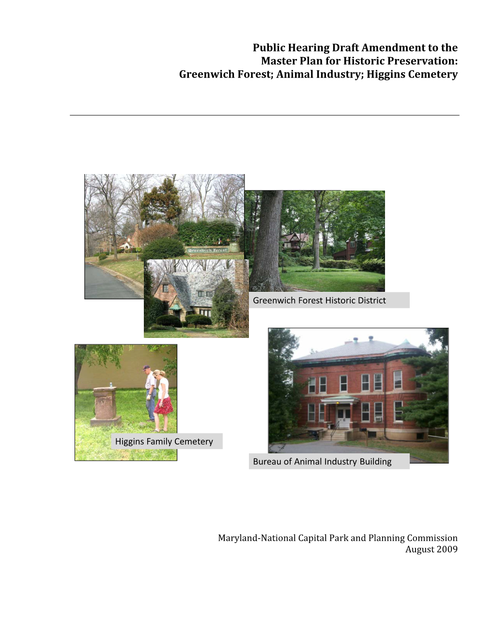 Public Hearing Draft Amendment to the Master Plan for Historic Preservation: Greenwich Forest; Animal Industry; Higgins Cemetery