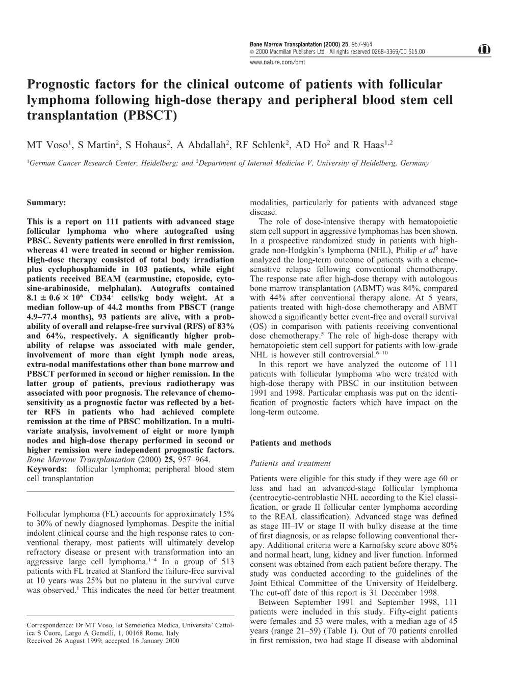 Prognostic Factors for the Clinical Outcome of Patients with Follicular Lymphoma Following High-Dose Therapy and Peripheral Blood Stem Cell Transplantation (PBSCT)