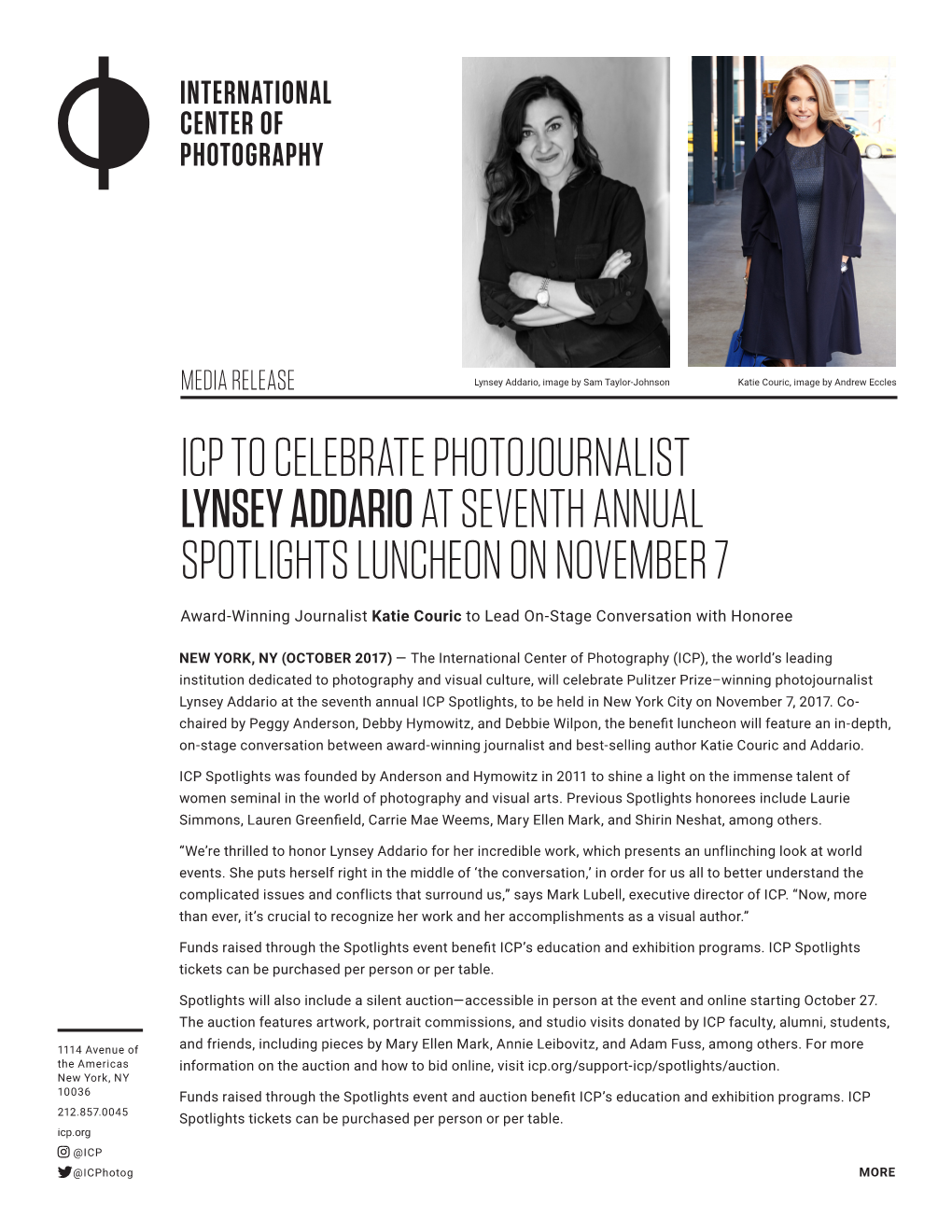 Icp to Celebrate Photojournalist Lynsey Addario at Seventh Annual Spotlights Luncheon on November 7