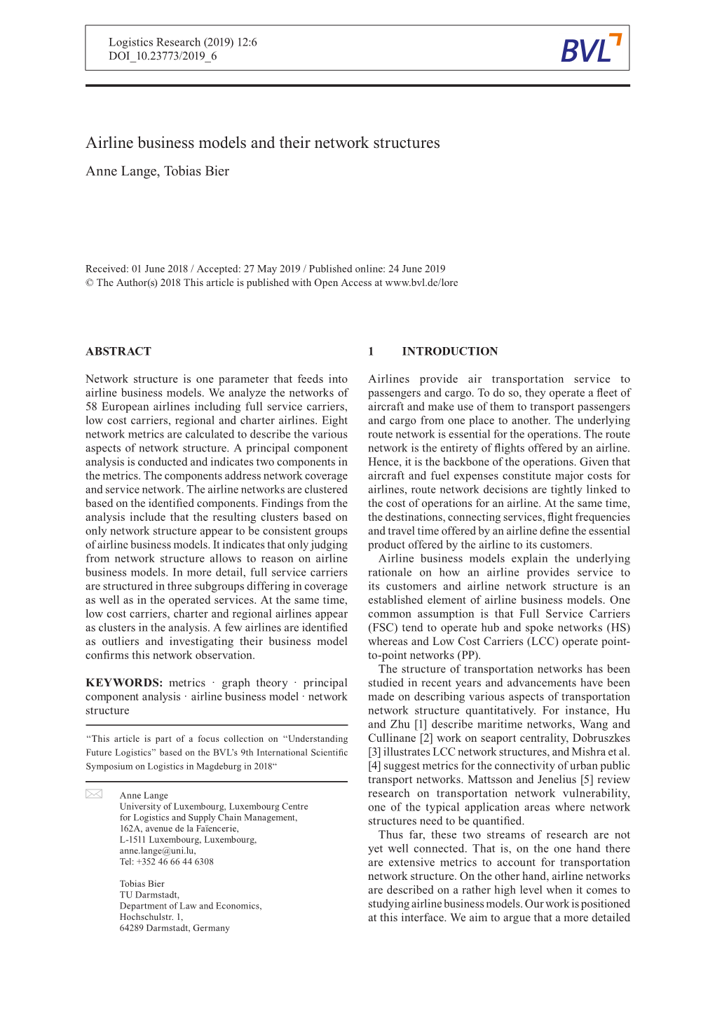 Airline Business Models and Their Network Structures Anne Lange, Tobias Bier