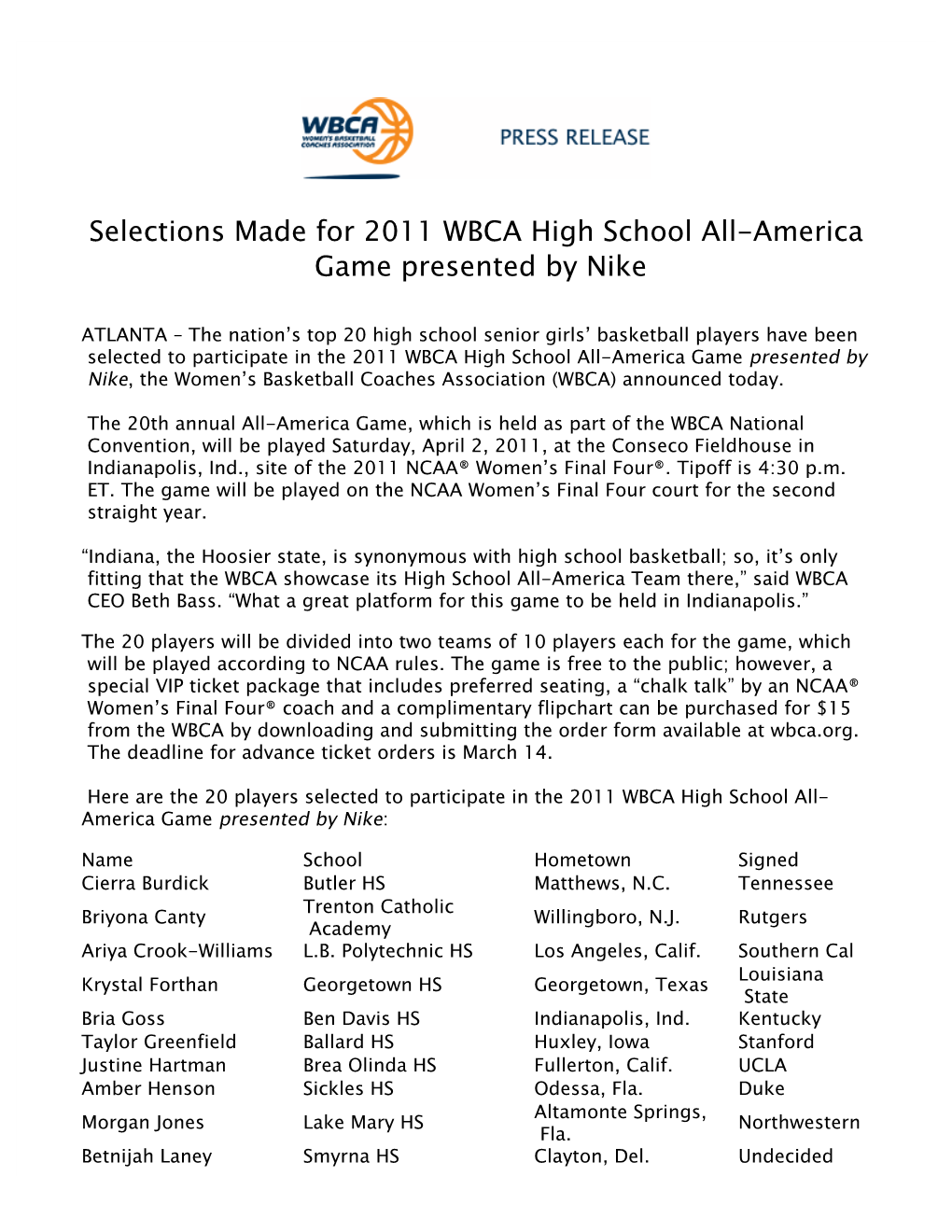 Selections Made for 2011 WBCA High School All-America Game Presented by Nike