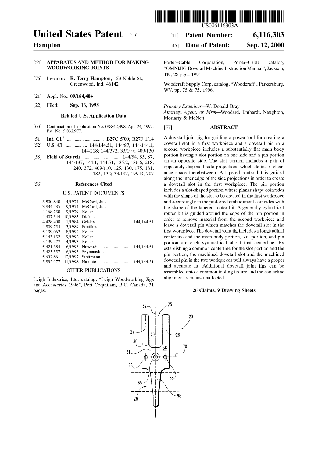 United States Patent (19) 11 Patent Number: 6,116,303 Hampton (45) Date of Patent: Sep