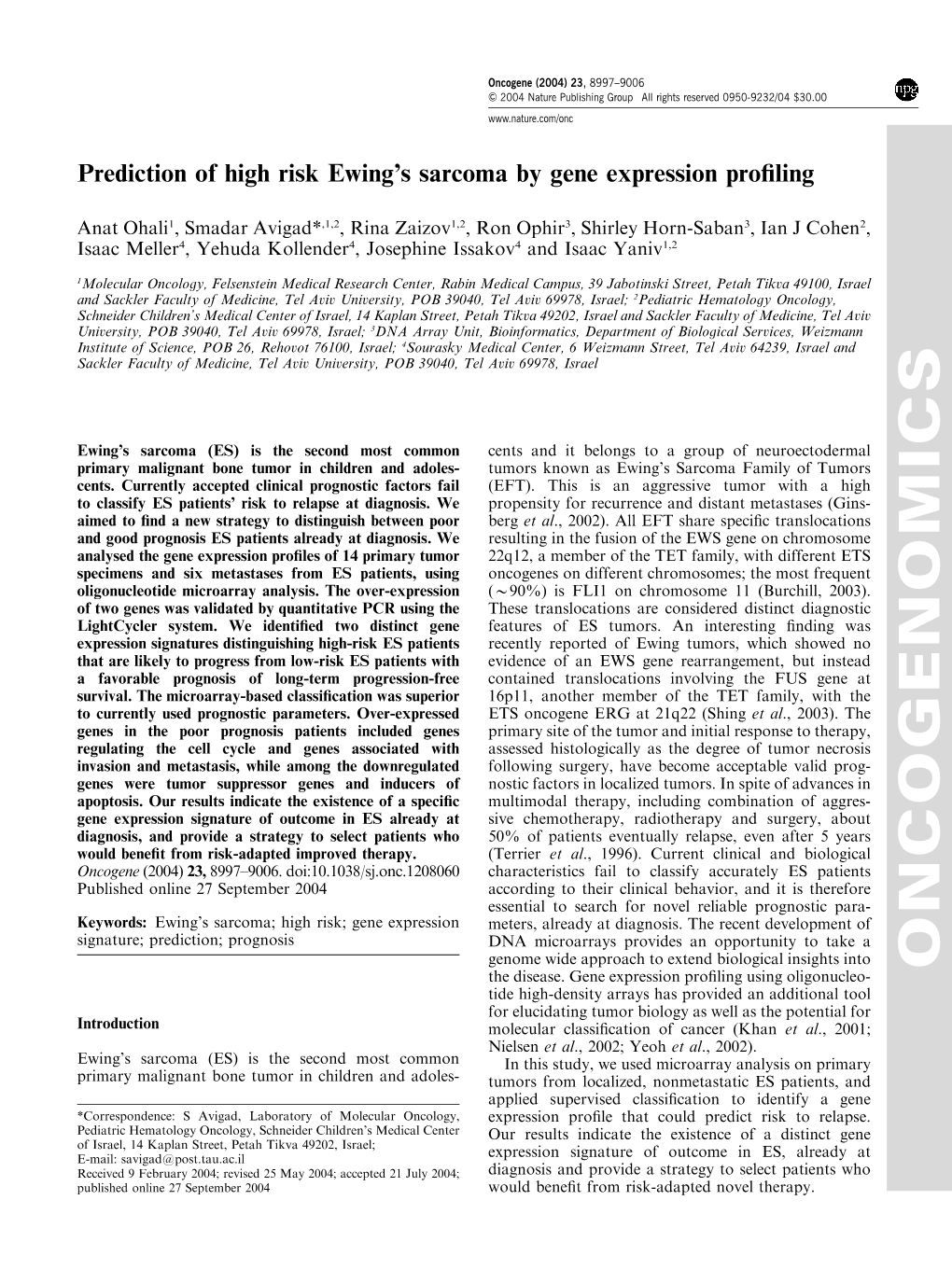 Prediction of High Risk Ewing's Sarcoma by Gene Expression Profiling