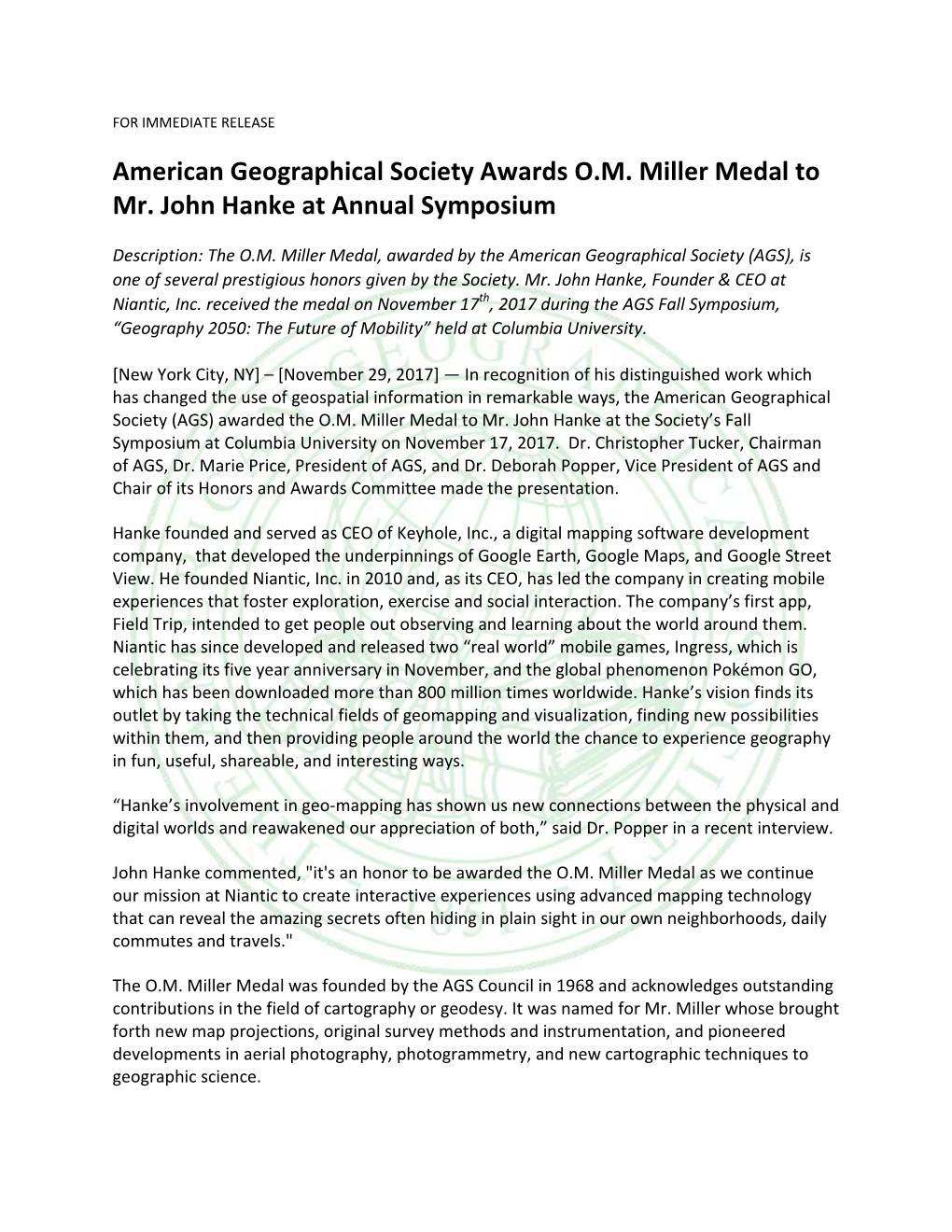 American Geographical Society Awards O.M. Miller Medal to Mr