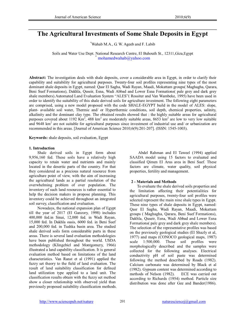 The Agricultural Investments of Some Shale Deposits in Egypt