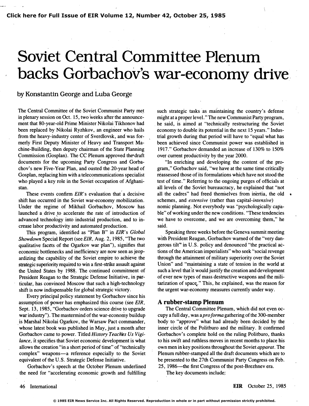 Soviet Central Committee Plenum Backs Gorbachov's War-Economy Drive
