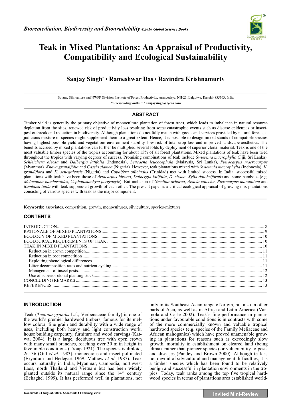 Teak in Mixed Plantations: an Appraisal of Productivity, Compatibility and Ecological Sustainability