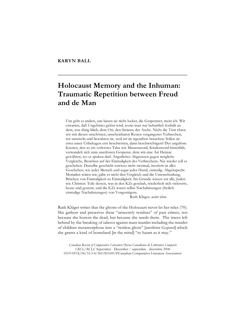 Holocaust Memory and the Inhuman: Traumatic Repetition Between Freud and De Man