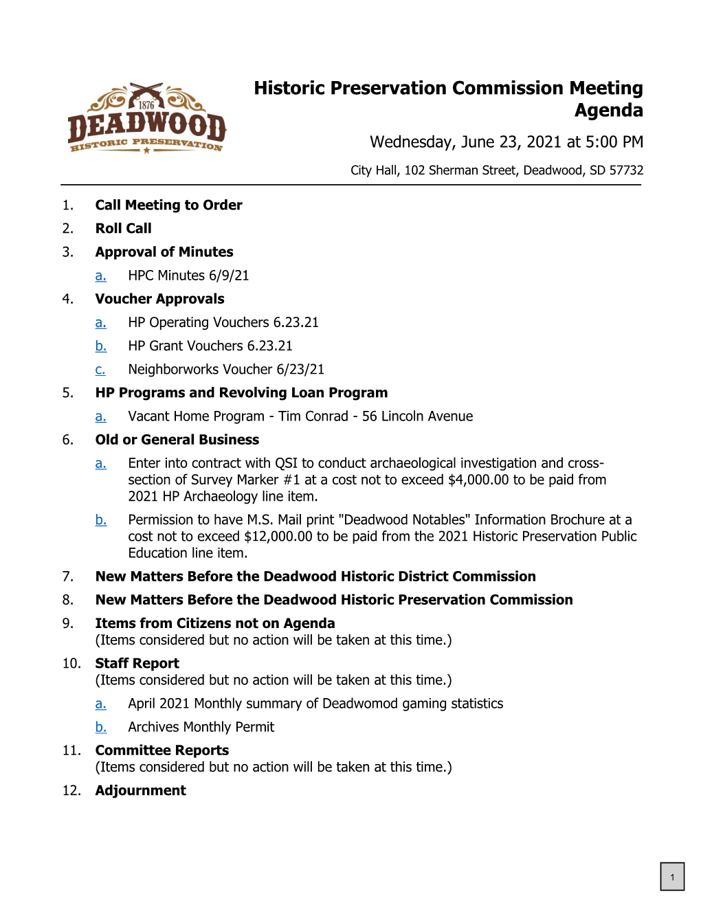 Historic Preservation Commission Meeting Agenda