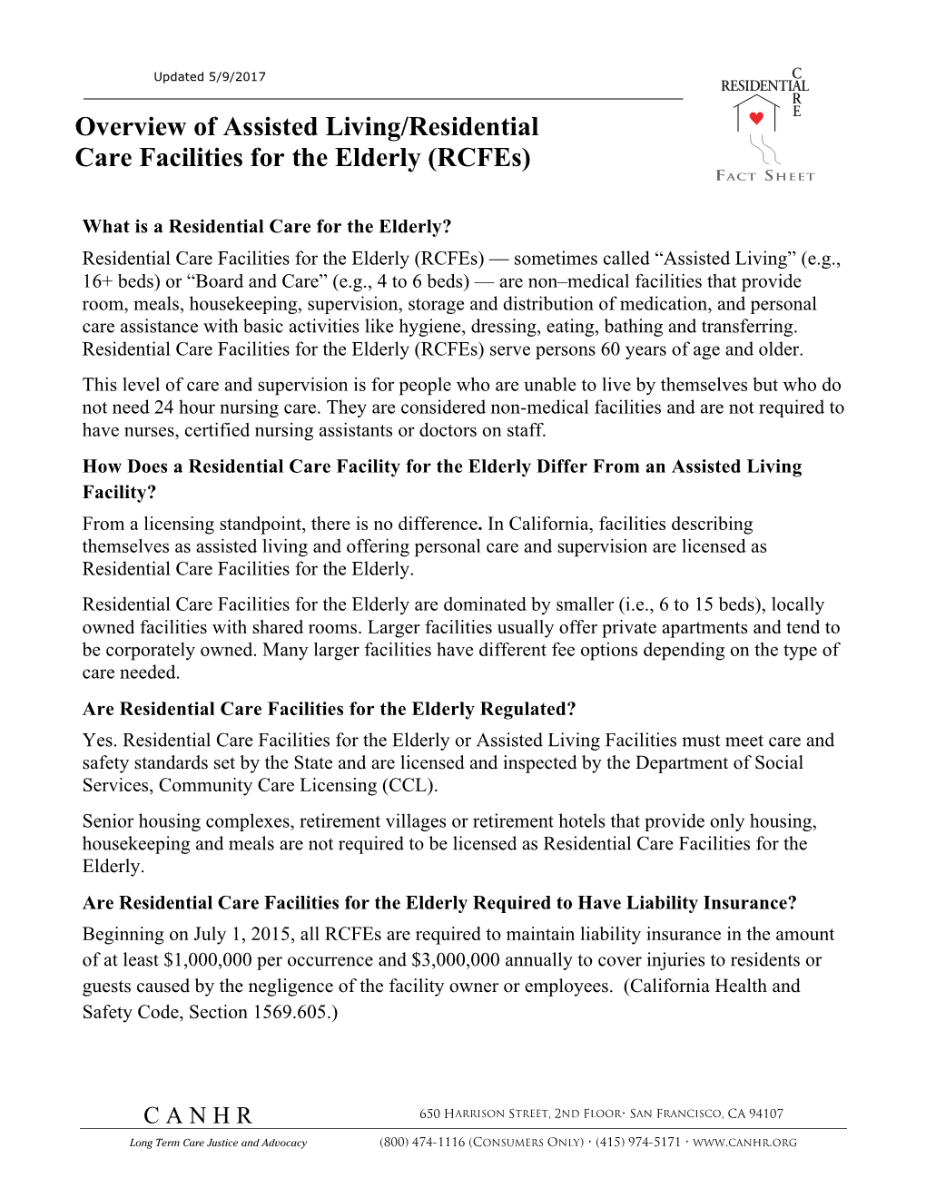 Overview of Assisted Living/Residential Care Facilities for the Elderly (Rcfes)