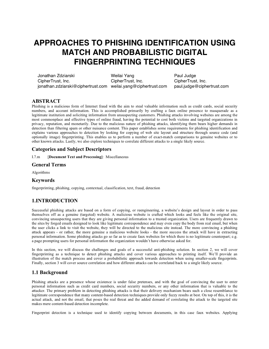 Approaches to Phishing Identification Using Match and Probabilistic Digital Fingerprinting Techniques