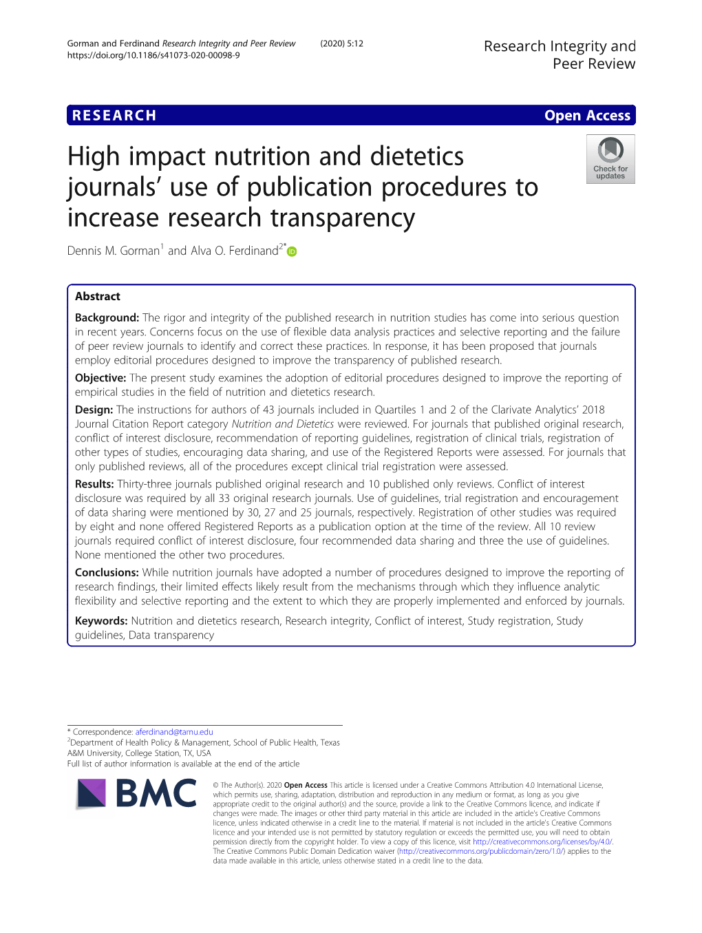 High Impact Nutrition and Dietetics Journals' Use of Publication