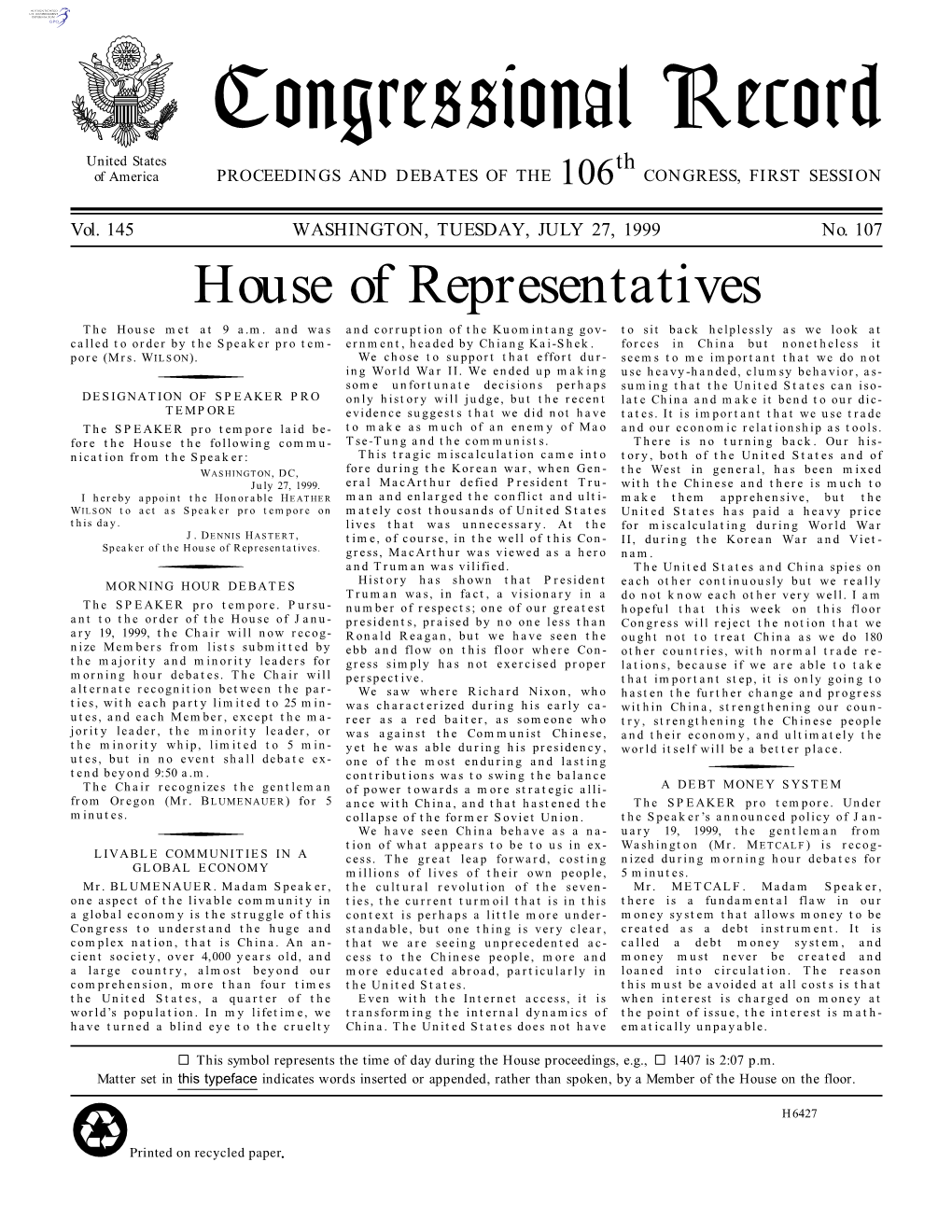 Congressional Record United States Th of America PROCEEDINGS and DEBATES of the 106 CONGRESS, FIRST SESSION