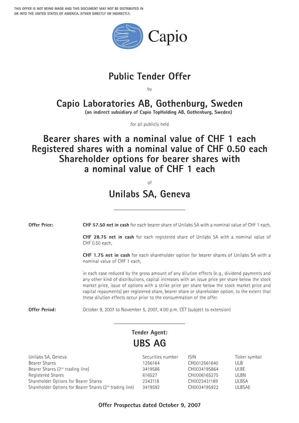 Public Tender Offer Capio Laboratories AB, Gothenburg