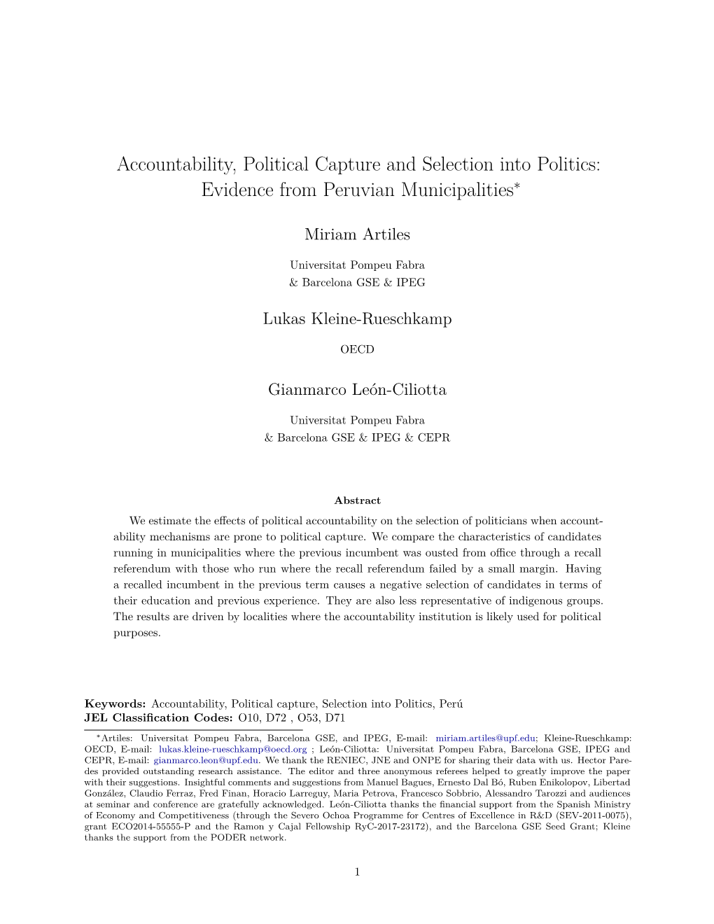 Accountability, Political Capture and Selection Into Politics: Evidence from Peruvian Municipalities∗