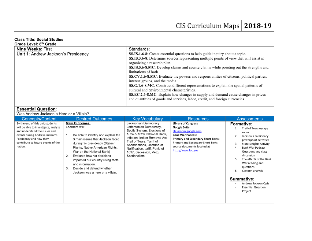 CIS Curriculum Maps 2018-19